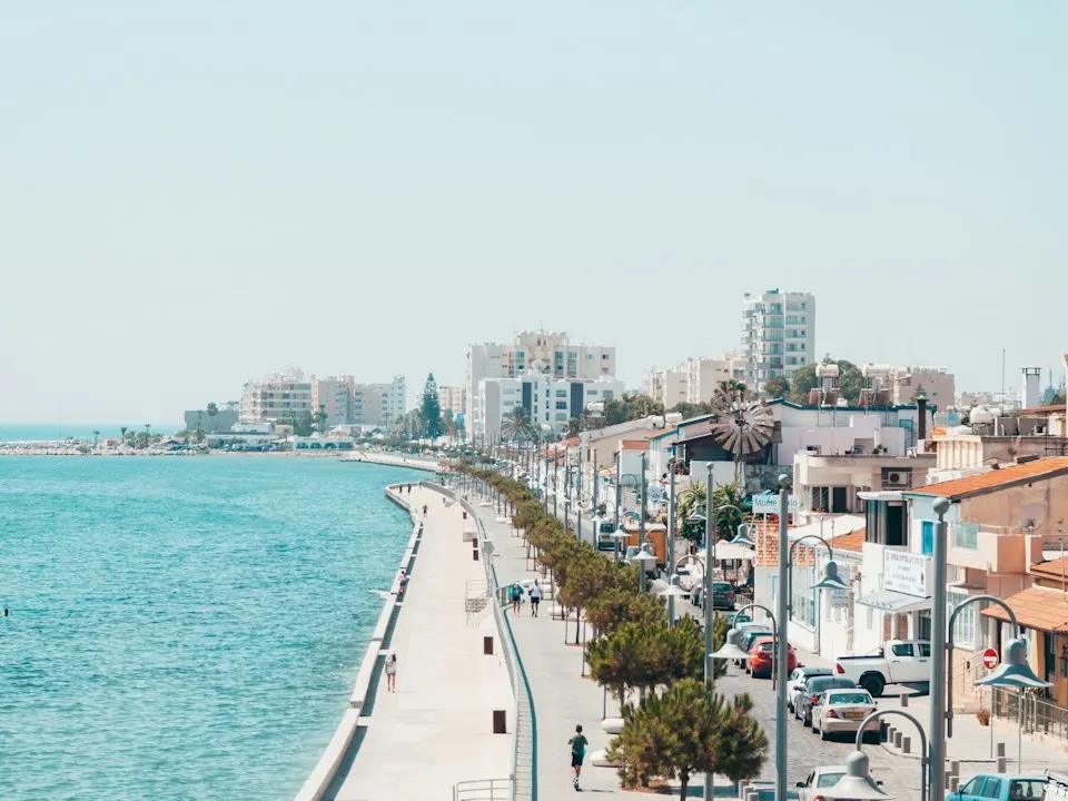 Larnaca seafront promenade with palm trees beside turquoise water
